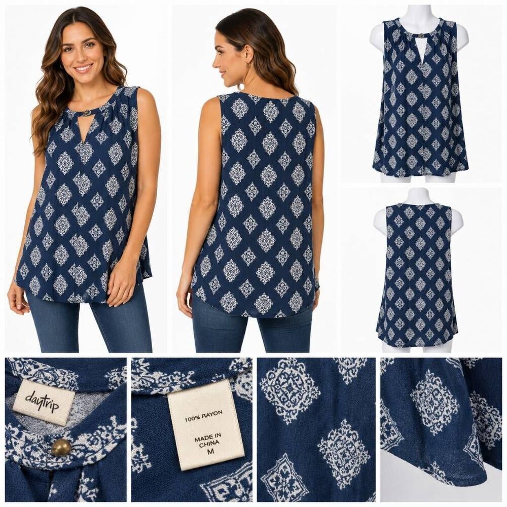 Daytrip Sleeveless Blouse Women’s Medium Blue White Boho Print Keyhole Tank Top